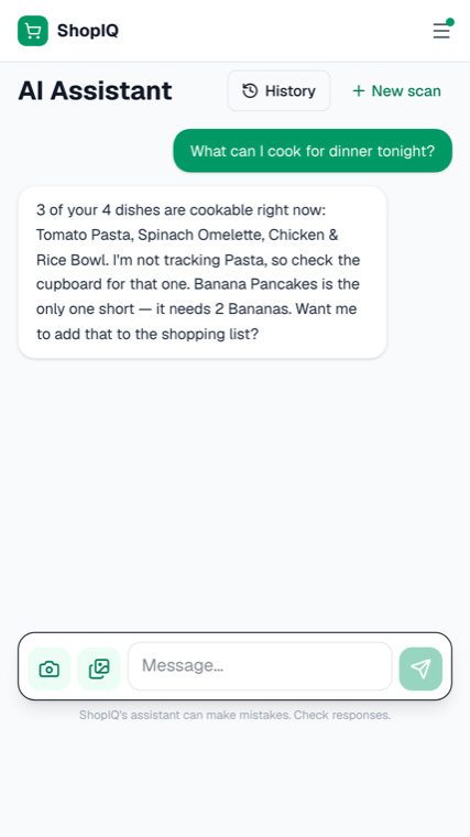 The ShopIQ assistant answering "what can I cook for dinner tonight?" — three dishes cookable from what is in stock, one short of two bananas, and an offer to add the shortfall to the shopping list.